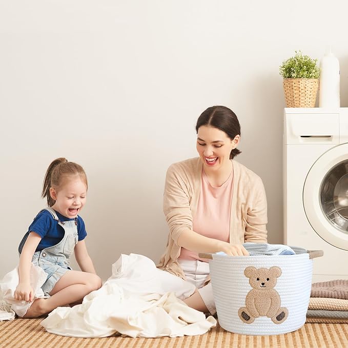 INough Cotton Rope Basket Toy Storage Baskets for kids Laundry Hamper, Gift Basket Empty Baby Shower Baskets with Handles, Cute Bins Blanket Stuffed Animal Storage for Nursery, Living Room Decor, Bear
