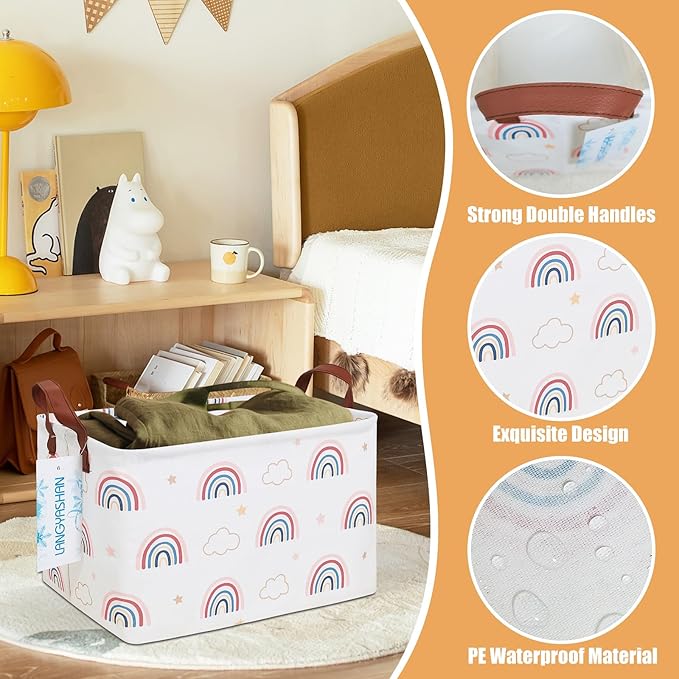 LANGYASHAN Rectangular Storage Bin Collapse Canvas Fabric Cartoon Storage Basket with Handles for Organizing Home Kitchen Boys and Girls Toys Office Closet Shelf Baskets(Rec Cloud Rainbow)