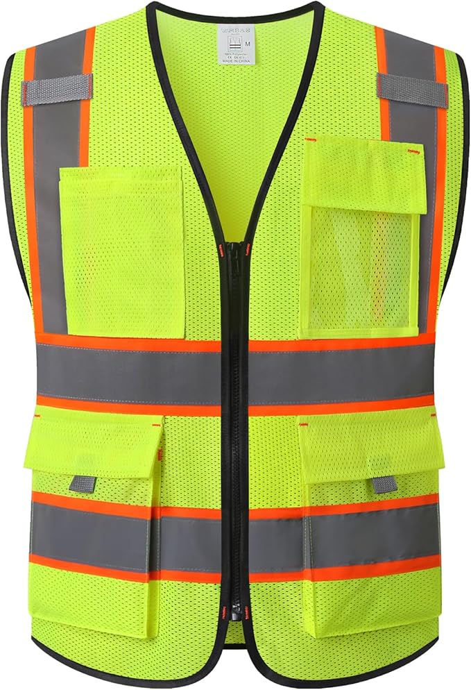 Reflective Safety Vest for Men Women with 9 Pockets and Zipper Front Class 2 High Visibility Mesh Work Vest Hi Vis Construction Vest,Meets ANSI/ISEA Standards(EK176-Yellow-3XL)