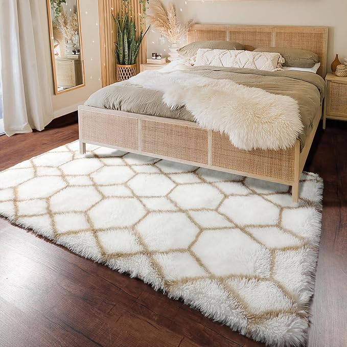 ONASAR Area Rugs for Bedroom Living Room, Washable 4x6 Fluffy White and Beige Throw Rug, Geometric Boho Shaggy Soft Plush Floor Carpet for Nursery Kids Girls Boys Teen Dorm Home Decor Aesthetic