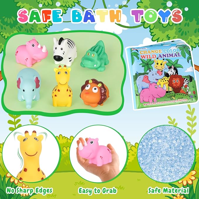 Light Up Bath Toys for Toddlers Kids Baby Boys Girls, No Hole Bath Toys with Bath Book & Organizer, Glow Bath Time Toys for Bathrooms Pool, Animals Bathtub Toys Gift for Toddlers Kids Baby Infants
