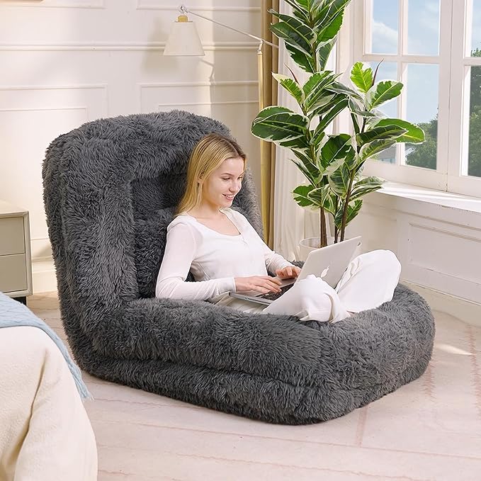 Dark Gray Foldable Human Dog Bed - 69"x35"x12" Fits You & Pets with Comfy Pillow, Washable Faux Fur, Oversized Lounger Lazy Sofa Beds with 5 Adjustable Position