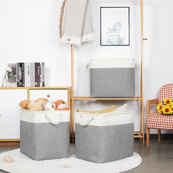 Bidtakay Extra Large Storage Baskets for Organizing 17x12x15.1 inch 3-Pack Fabric Closet Organizers Storage Bins with Handles Foldable Storage Baskets for Shelves Clothes XL-White&Grey