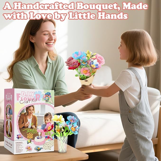 VoyCliza Flower Craft Kit for Girls Ages 4-8 – DIY Bouquet Maker Toy with Wrapping Paper, Creative Art Birthday Gift for Kids, Educational Craft Toys for Girls Age 5 6 7