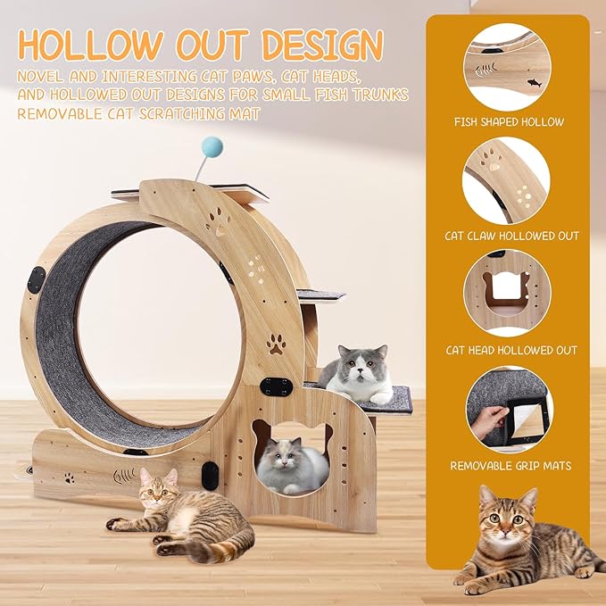 Cat Running Wheel,Cat Treadmill for Indoor Cats,Exercise Wheel Wood Climbing Frame,55''Oversized Roller Indoor Activity Center,Large (6-in-1)