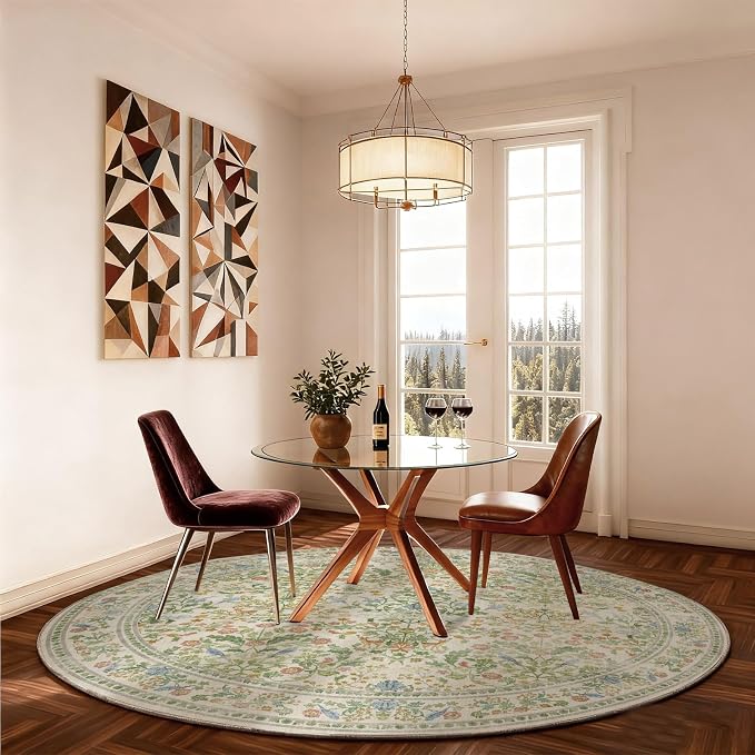 Washable Round Rugs for Bedroom 4ft: Living Room Rug Stain Resistant Non Slip
