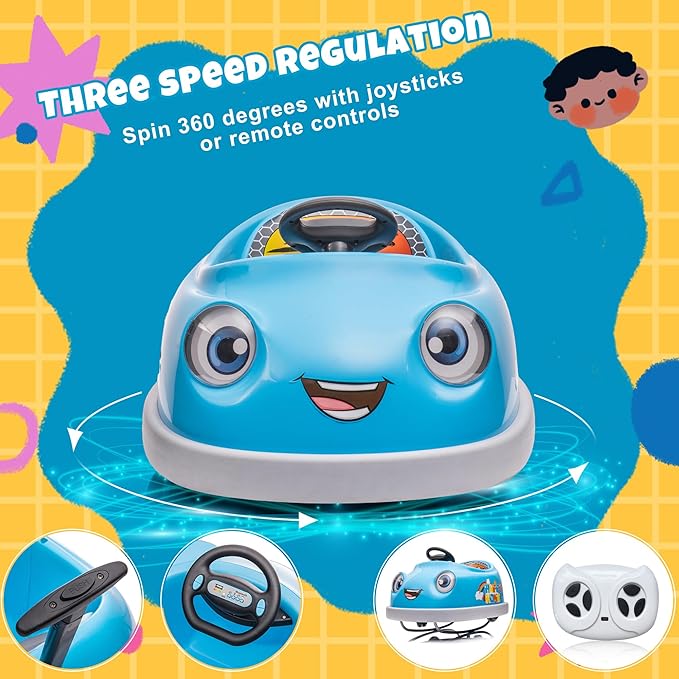 12V Dual Battery Electric Ride on Kids Bumper Car w/Remote Control,360 Degree Spin,Push Rod Rocker Horse Function,3-Speeds Babies & Toddlers Bumping Car Ride on Toy Gift for 1-4 Years Children (Blue)