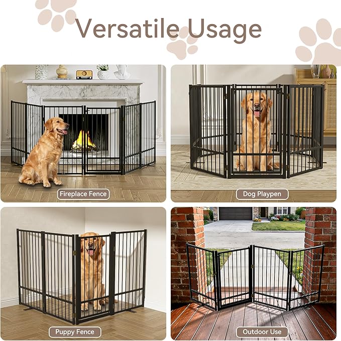 Full Metal Freestanding Dog Gate with Door, 36''Height Foldable Pet Dog Fence for Indoor & Outdoor, 6 Panels Extra Wide Free Standing TallDog Gates for Doorways,House,Stairs,Porch,Deck,Yard