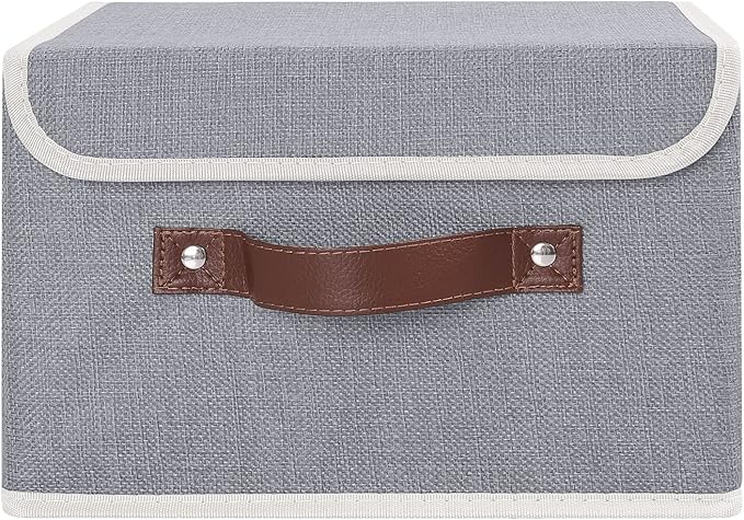 ANMINY Storage Bin with Lid Storage Boxes with PU Leather Handles PP Plastic Board Decorative Foldable Lidded Cotton Linen Fabric Home Cubes Baskets Closet Organizer Container - Gray, Small Size