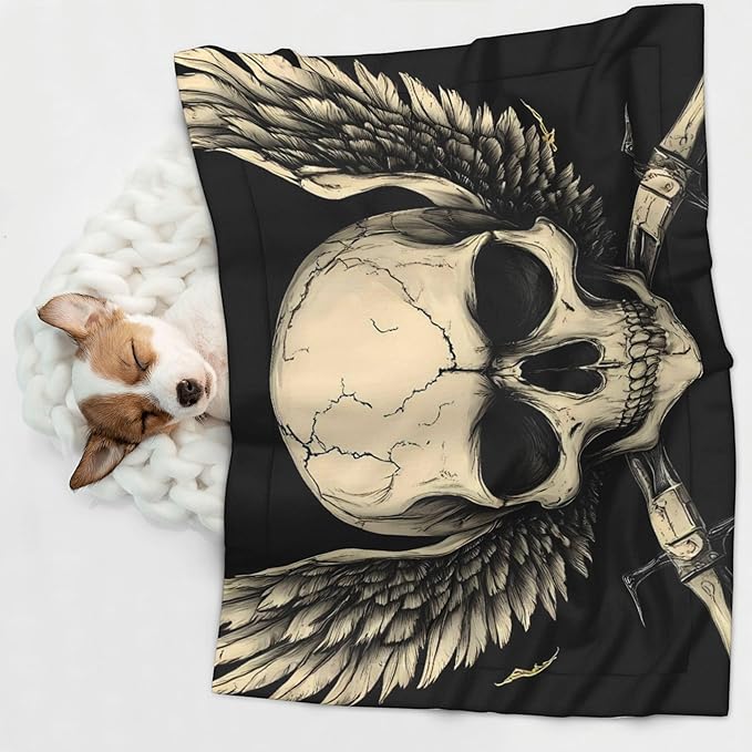 Waterproof Dog Blanket Soft Pet Blanket for Puppy Cat, Fleece Cat Throw Blankets for Furniture Bed Couch Sofa Reversible - Gothic Winged Skull
