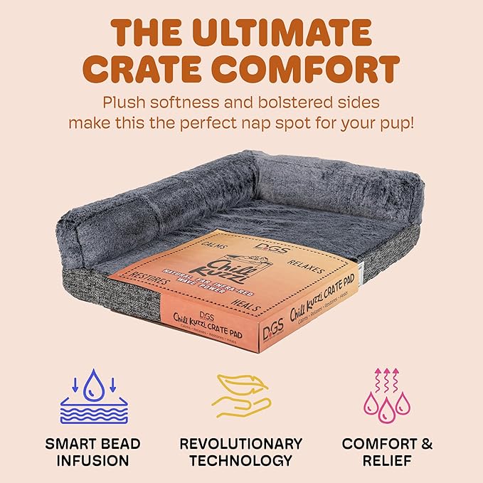 Dog Gone Smart Chill Kuzzi Dual Bolster Crate Pad - Washable Dog Bed Infused with Far Infrared Rays (FIR) - Supportive Plush Cushion for Crates, Travel, and Recovery - Slate Grey, Large 22 x 35 Inches