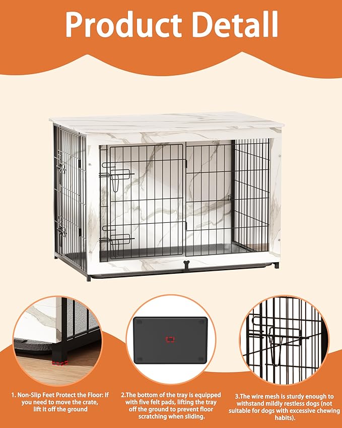 Megidok Wooden Dog Crate Furniture with Cushion,Large Dog Crate End Table with Tray, Double Doors Kennels Indoor (37" L*25" W*26" H, Marble White)