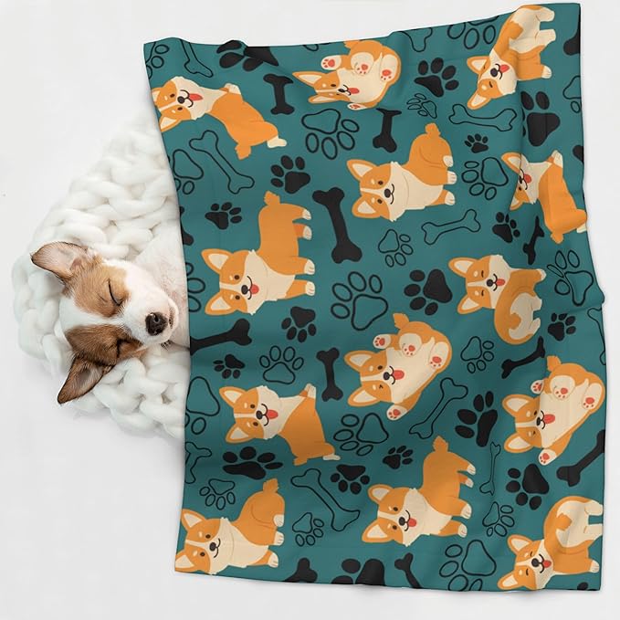 Corgi Dog Blanket for Pet - Yellow Puppy Throw Blanket 40x30 Blue Black Blankets for Puppy Dogs Cats
