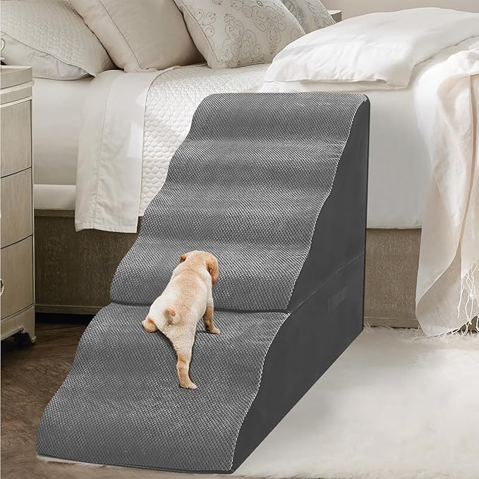 Dog Stairs for High Beds 30-36 inches Tall, 6-Step Dog Steps for Bed 32-36 inches for Small Large Dogs, Doggie Ramp for Bed, 30D Foam Pet Stairs for Old Dogs/Cats, Free-Installation, Grey