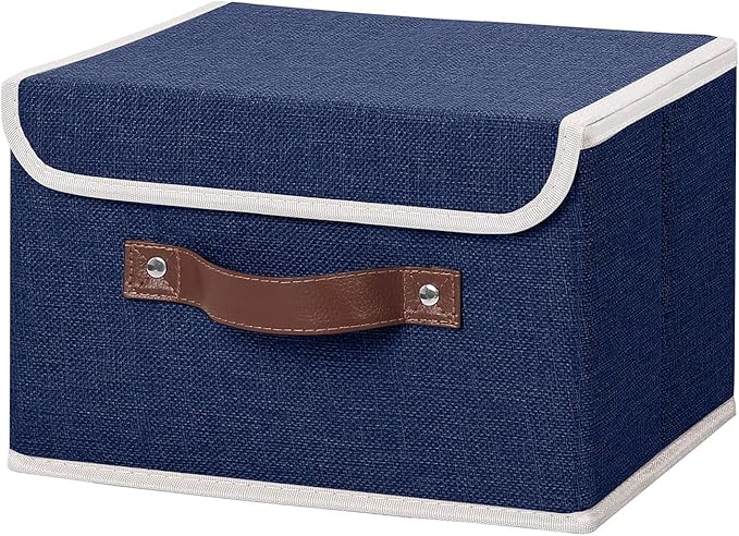 ANMINY Storage Bin with Lid Storage Boxes with PU Leather Handles PP Plastic Board Decorative Foldable Lidded Cotton Linen Fabric Home Cubes Baskets Closet Organizer Container - Blue, Small Size