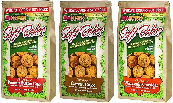 K9 Granola Factory 3 Flavor Soft Bakes Dog Treat Variety Pack, 12 Ounces Each of Peanut Butter Cup & Carrot Cake & Wisconsin Cheddar