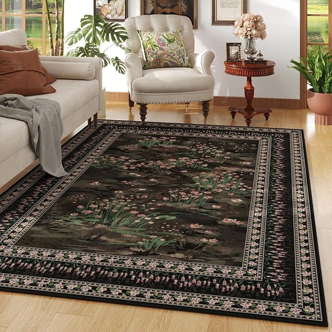 Area Rugs 8x10 Clearance Impressionist-Style Vintage Washable Area Rug Non Slip Low Pile Large Rug for Bedroom Farmhouse Dining Room Kids Playroom, Black