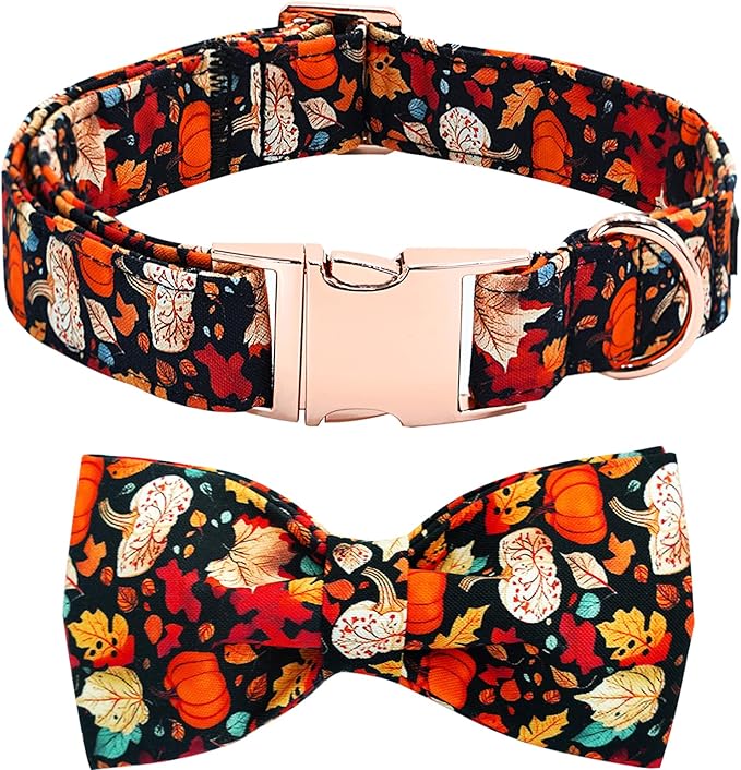 Fall Dog Collar, Leaf Pumpkin Print Adjustable Pet Collar Cute Cotton Soft Collars with Bow Tie Metal Buckle Holiday Puppy Collars Boy&Girl Gift for X-Small Dogs