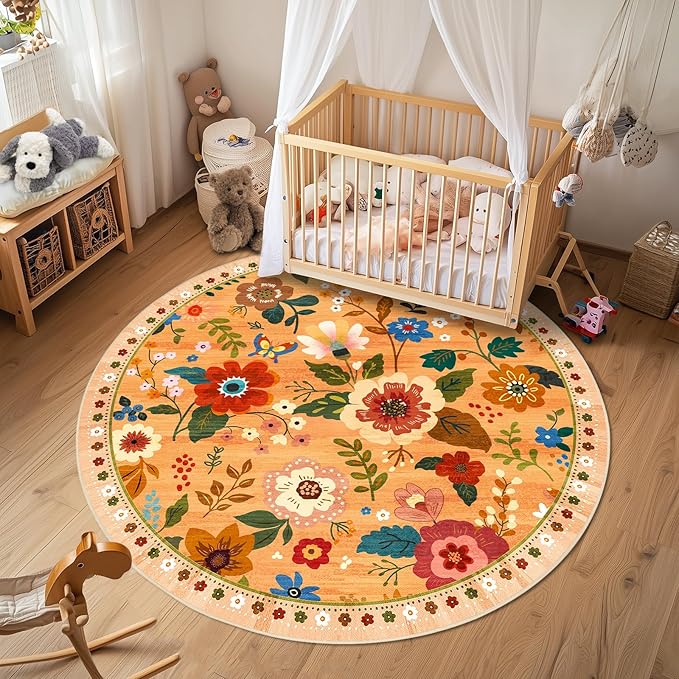Floral 6ft Area Rug Machine Washable Soft Print Boho Carpet Non Slip Doormat Low Pile Flower Area Rugs for Living Room Bedroom Nursery Kitchen Dining Room Indoor-Yellow/Orange
