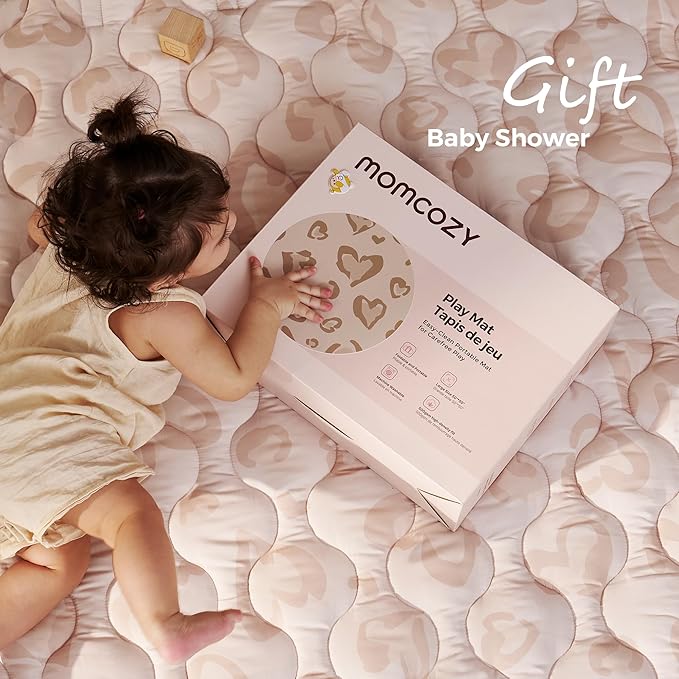 Momcozy Baby Play Mat for Floor, 50x50 Thickened Playpen Mat, Playmate for Baby Tummy Time, Waterproof & Non-Slip, Foldable Outdoor Mats with Carrying Handle, Leopard Heart