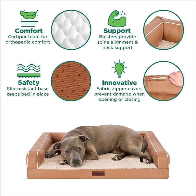 Furhaven Cooling Dog Sofa Bed – Memory Foam Couch with Bolsters, Textured Plush & Water-Resistant Cover, Washable Cover - Camel, Jumbo Plus