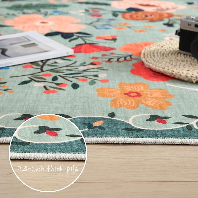 Rugcomf Round Rug 4ft Washable Circle Rug Non Slip Low Pile Boho Floral Small