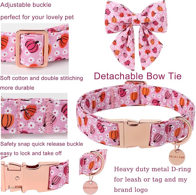 Halloween Pumpkin Dog Collar with Bow Tie, Pink Halloween Puppy Bowtie Collar with Adjustable Metal Buckle,Fancy Dog Collar Bowtie for Girl Boy Dog,XS