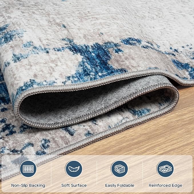 9x12 Area Rugs for Living Room Rug Washable: Modern Large Rug for Dining Room Bedroom Carpet Non Slip 9 by 12 Indoor Abstract Nursery Home Office Blue White