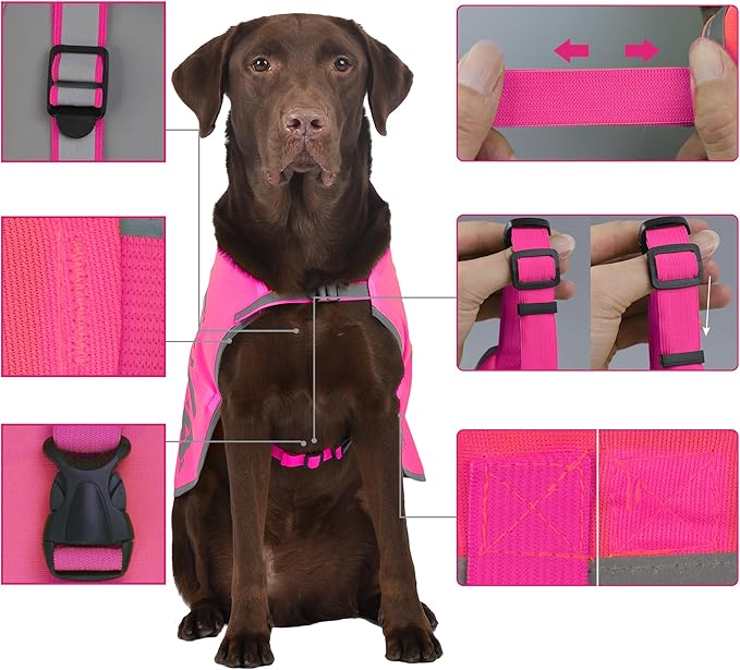 Custom Pink Reflective Dog Vest for Large Breeds,High Visibility Dog Safety Vest Harness with Removable Bell Keep Safe from Hunting, Training & Cars Accidents
