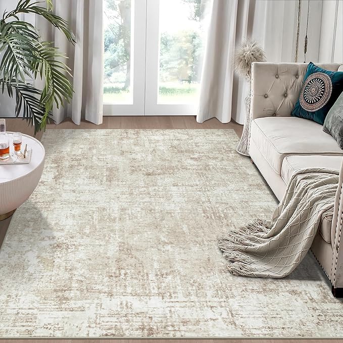 4x6 Area Rugs for Living Room Rug Washable: Modern Large Rug for Dining Room Bedroom Carpet Non Slip Low Pile 4 by 6 Indoor Abstract Nursery Home Office Beige