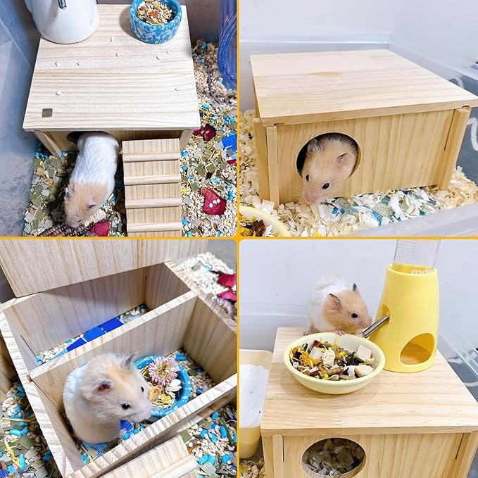 Hamster Wooden House with Ladder Small Animal Hideout Activity Platform Exercise Climbing Hut Natural Living Wood Room for Hamster Gerbil Mice Rat