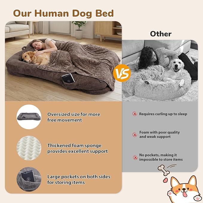 Human Dog Bed, 71 x 47 x 12 in Washable Extra Large Dog Bed for People, Giant DogBed with Storage Pockets, Brown