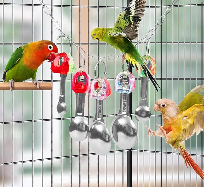 Bird Chew Toys, Shiny Stainless Steel Spoon and Colorful Acrylic Rings Cage Toys, for Medium Large Macaws Parakeets Cockatoos Amazon Conures Budgie Lovebirds Finches African Grey Parrot