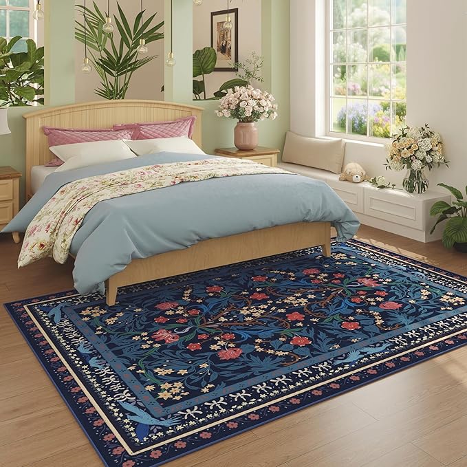 Area Rugs 8x10 for Living Room Clearance Washable Vintage Floral Botanical Rug Non Slip Low Pile Large Rug for Bedroom, Farmhouse, Dining Room, Kids Playroom, Blue