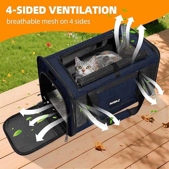 Cat Carrier Soft-Sided Travel Bag for Medium to Large Cats Over 15lbs, Small Dog Carrier Crate Top Entry Breathable Mesh Puppy 12 Pounds, Pet Rabbit Carrying Cage Kennel Collapsible Navy