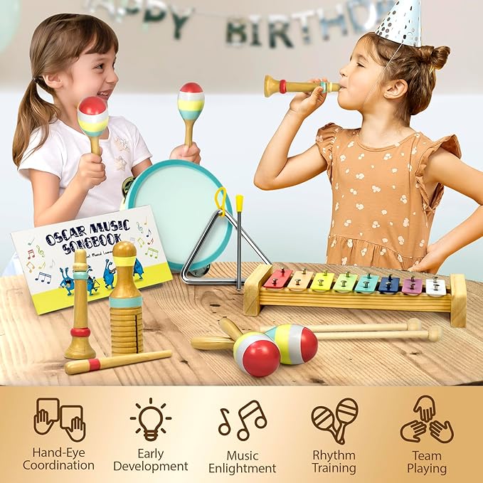 MINIARTIS Baby Musical Instruments Set - Montessori Musical Toys for Toddlers 1-3 | Modern Boho Kids Xylophone with Songbook | Neutral Colors Wooden Percussion Instruments | Preschool Educational 3+