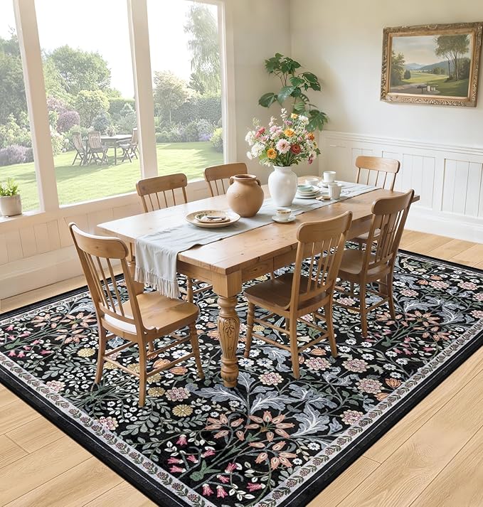Area Rug Living Room Rugs: Floral 5x7 Washable Rug Vintage Soft Boho Non-Slip Carpet Indoor Stain Resistant Large Carpets for Bedroom Dining Room Farmhouse Nursery Hallway Home Office Dark Black