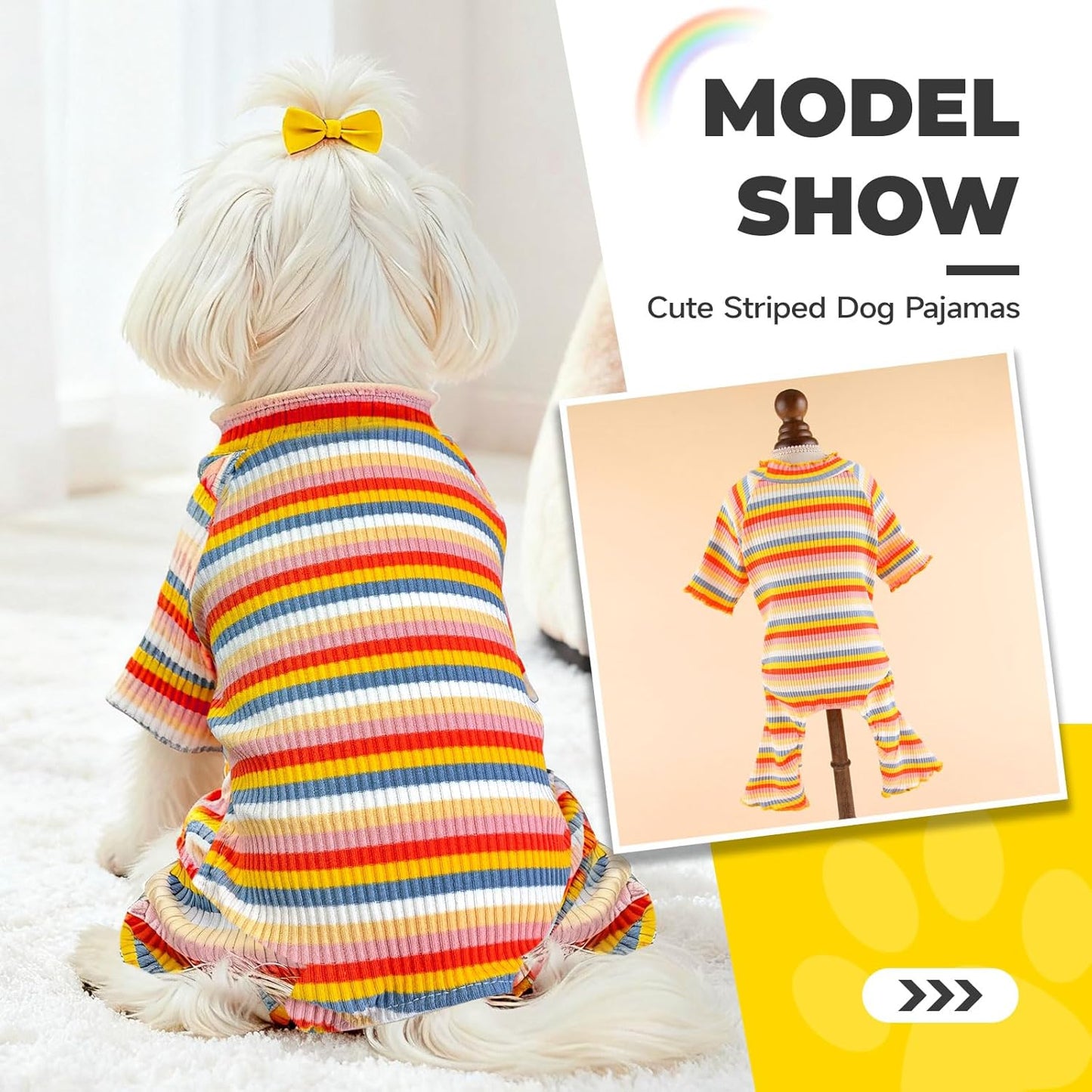 BAEJMJK Striped Dog Pajamas Stretchy Cute Four-Legged Boy Girl Dog Clothes with Sleeves Comfortable Dogs Jumpsuit Colorful Pet Puppy Outfits Apparel for Small Medium Dogs Cats(Yellow,X-Small)