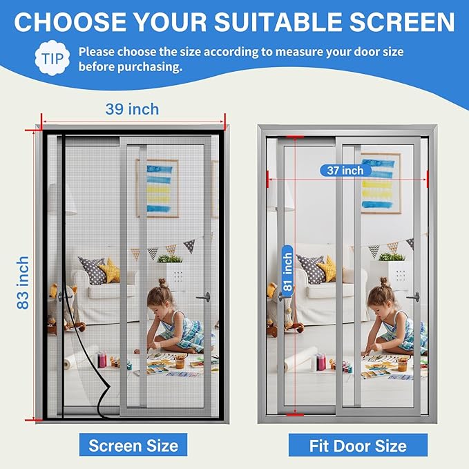 Magnetic Screen Door Left Right Side Opening Upgraded PET Mesh Greater Than Fiberglass and Polyester,Keep Bugs Out,Pet & Kid Friendly,Suitable for Sliding Doors,Patio French Doors-37" X 81"
