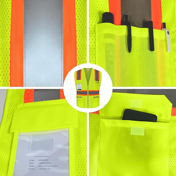 Security Vest for Security Guard, Hi Vis Mesh Vest with Pockets, High Visibility Safety Vest with Reflective Strips, ANSI Compliant, Yellow, M