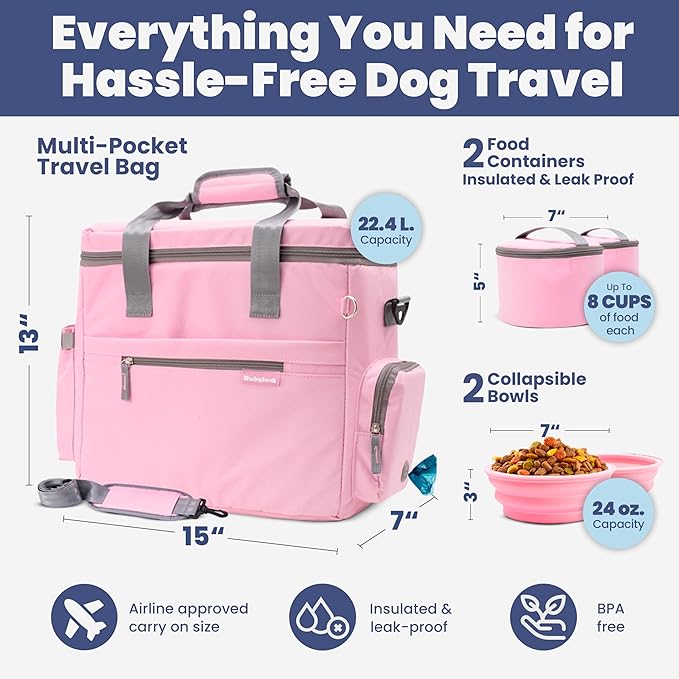 The Original Doggy Bag™ - Complete Dog Travel Bag for Supplies with 2 BPA-Free Travel Bowls & 2 Pet Food Containers - A Dog Mom Gift for Day Trips, Camping, Road Trips & Weekends Away: Lt. Pink