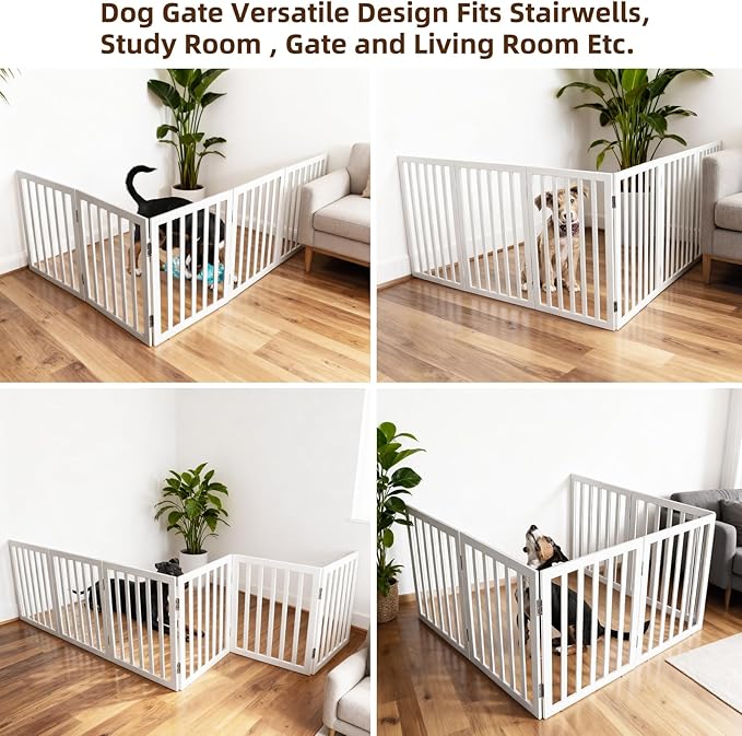 ZJSF Freestanding Indoor Dog Gate for House Foldable Wood White Puppy Gate for Doorways Pet Gate for Stairs Extra Wide Pet Fence 32" Height 6 Panels