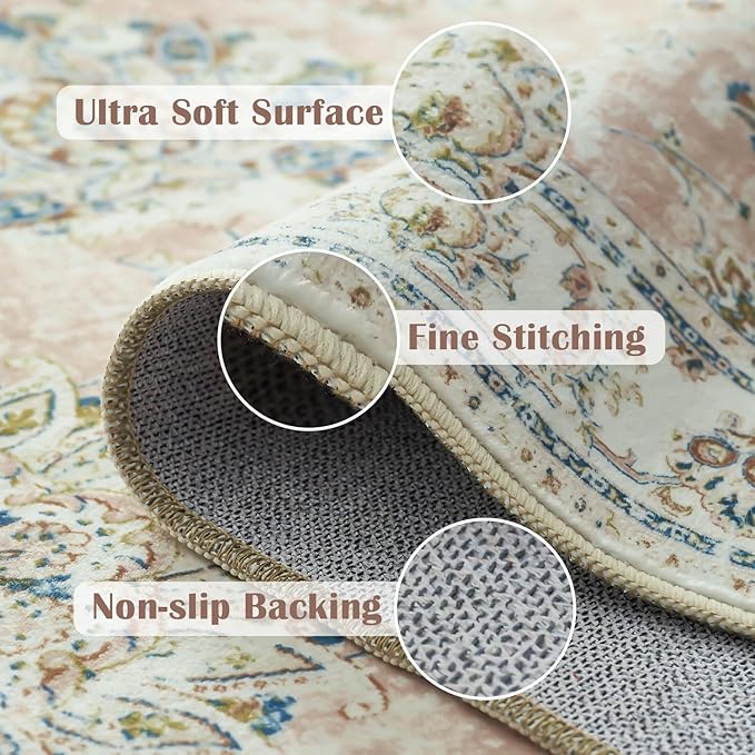 jinchan Washable Area Rug 4x6 Ultra-Thin Low Pile Non-Slip Stain Resistant Soft Faux Wool Spring Floral Rug Distressed Vintage Carpet for Bedroom,Living Room,Dining Room,Kitchen,Nursery(Pink, 4' x 6')