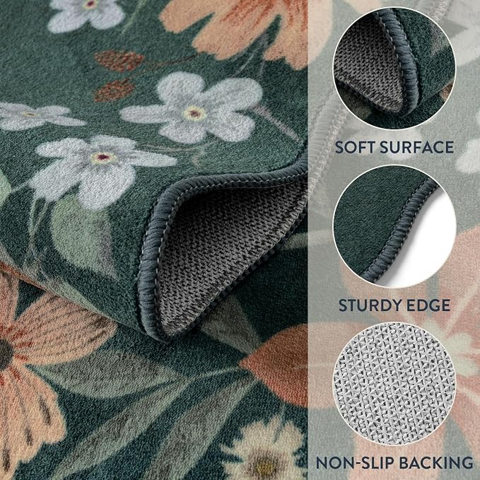 Lahome Floral Washable Rug- 4x6ft Green Bedroom Girls Ultra-Thin Soft Living