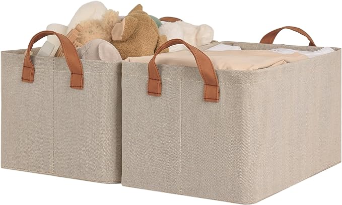 StorageWorks Storage Bins, Fabric Storage Bins for Shelves, Storage Baskets with Metal Frame, Closet Baskets and Bins with Handles, Brown and Beige, 2-Pack