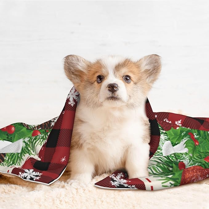 Xmas Blanket for Dog Cat - Snowflake Throw Blanket 40x30 Holiday Buffalo Plaid Pet Blanket for Couch Sofa Bed