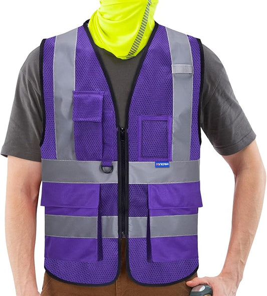 A-SAFETY High Visibility Mesh Safety Reflective Vest with Pockets and Zipper,Hi Viz Work Vest for Men Women (Purple Mesh XL)