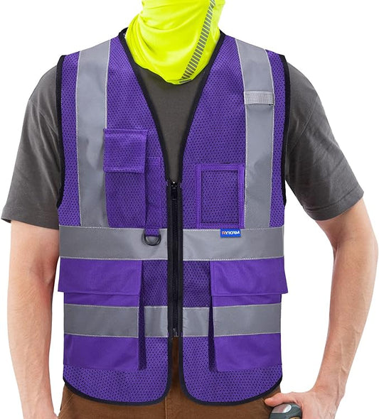A-SAFETY High Visibility Mesh Safety Reflective Vest with Pockets and Zipper,Hi Viz Work Vest for Men Women (Purple Mesh XXL)