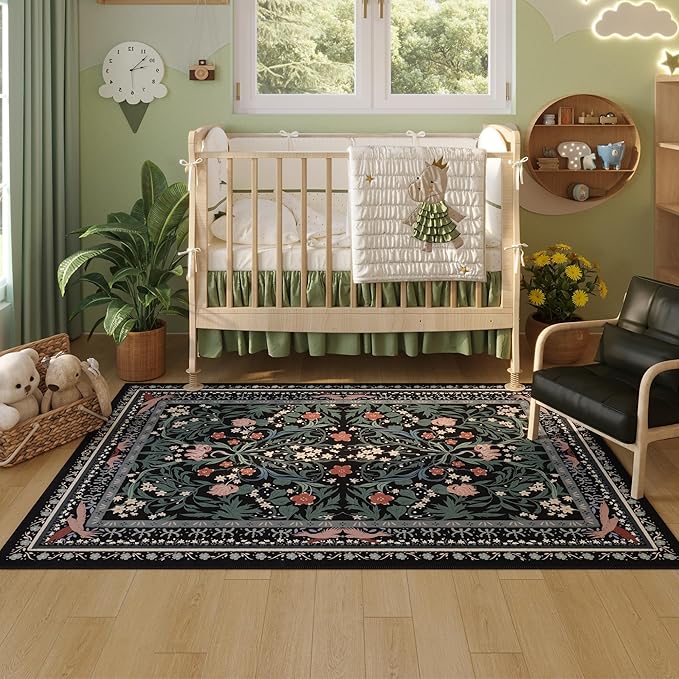 Area Rug 4x6 Rug Washable Vintage Floral Botanical Rugs Non Slip Low Pile Small Carpet for Bedroom, Bedside, Kids Room, Office, Dining Room, Black