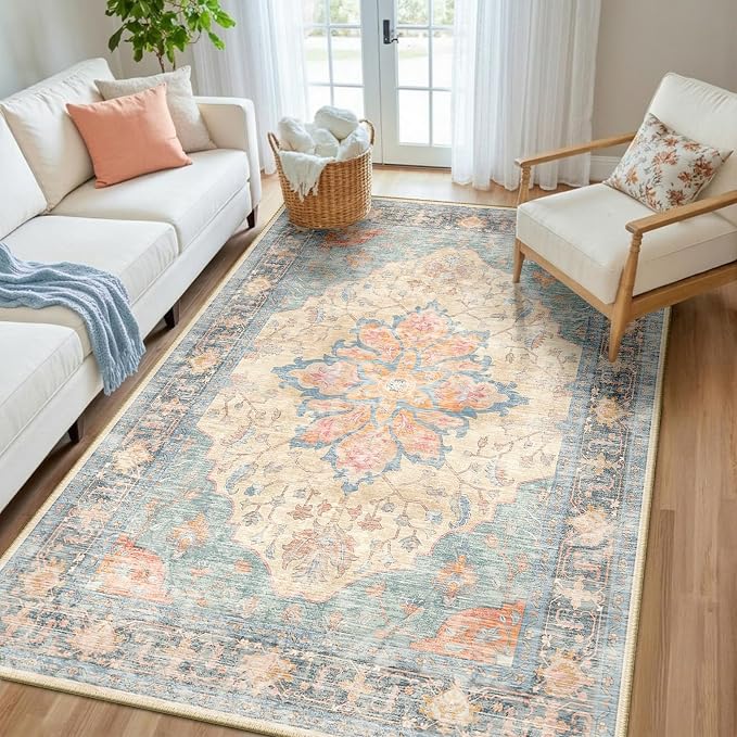 RELEANY Area Rugs 5'x8' Washable Non-Slip, Floral Vintage Distress Medallion